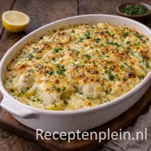 Gegratineerde kabeljauw met aardappelen uit de oven op een rustieke houten tafel.