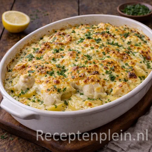 Gegratineerde kabeljauw met aardappelen uit de oven op een rustieke houten tafel.