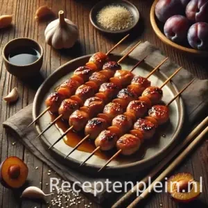 Natuurlijk ogende foodfoto van Japanse kipspiesjes met stukjes pruim en lichte teriyakisaus op een keramisch bord op een warm bruine houten tafel met duidelijke houtstructuur, omringd door verse pruimen, knoflook, sojasaus, sesamzaad en chopsticks in zacht diffuus daglicht.