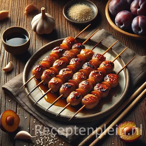 Natuurlijk ogende foodfoto van Japanse kipspiesjes met stukjes pruim en lichte teriyakisaus op een keramisch bord op een warm bruine houten tafel met duidelijke houtstructuur, omringd door verse pruimen, knoflook, sojasaus, sesamzaad en chopsticks in zacht diffuus daglicht.