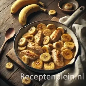 Natuurgetrouwe foodfoto in thuiskeukenstijl van kip met bananen in een eenvoudige keramische koekenpan op een rustieke houten tafel, licht uitgezoomd zodat de tafel goed zichtbaar is. De kipstukken liggen in een lichte goudbruine saus met plakken zacht gekaramelliseerde banaan. Gefotografeerd in zacht natuurlijk zijlicht met minimale styling, een houten lepel en een doek op tafel voor een huiselijke, realistische uitstraling.