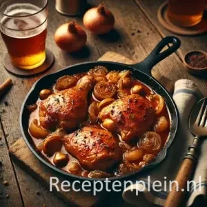 Natuurgetrouwe foodfoto in thuiskeukenstijl van kip gestoofd in bier in een gietijzeren pan op een rustieke houten tafel, licht uitgezoomd zodat de tafel zichtbaar is. De kippenbouten liggen in een rijke amberkleurige biersaus met gekaramelliseerde uien en champignons. Gefotografeerd in warm natuurlijk avondlicht met minimale styling, een houten lepel, een doek en een eenvoudig glas bier zonder etiket op de achtergrond voor een huiselijke, realistische sfeer.