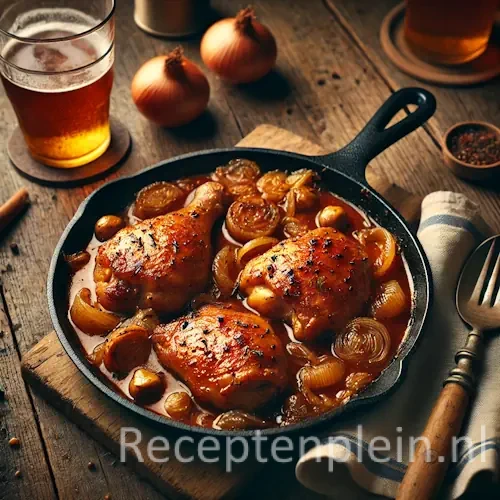 Natuurgetrouwe foodfoto in thuiskeukenstijl van kip gestoofd in bier in een gietijzeren pan op een rustieke houten tafel, licht uitgezoomd zodat de tafel zichtbaar is. De kippenbouten liggen in een rijke amberkleurige biersaus met gekaramelliseerde uien en champignons. Gefotografeerd in warm natuurlijk avondlicht met minimale styling, een houten lepel, een doek en een eenvoudig glas bier zonder etiket op de achtergrond voor een huiselijke, realistische sfeer.