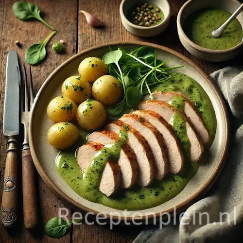 Natuurgetrouwe foodfoto in thuiskeukenstijl van gesneden kipfilet met romige groene waterkerssaus op een eenvoudig keramisch bord op een rustieke houten tafel, licht uitgezoomd zodat de tafel zichtbaar is. De kip is licht goudbruin gebakken en deels overgoten met saus, geserveerd met gekookte krieltjes en verse waterkers. Gefotografeerd in zacht natuurlijk raamlicht met minimale styling, bestek en een doek op tafel voor een huiselijke, realistische uitstraling.