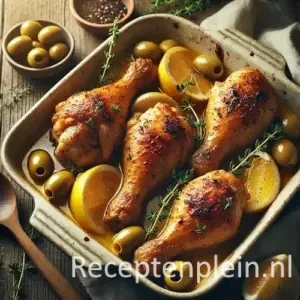 Natuurgetrouwe foodfoto in thuiskeukenstijl van goudbruin geroosterde kipkluifjes met citroenpartjes en groene olijven in een eenvoudige keramische ovenschaal op een rustieke houten tafel, licht uitgezoomd zodat de tafel goed zichtbaar is. De kip ligt in een lichte, glanzende braadsaus met takjes tijm. Gefotografeerd in warm natuurlijk namiddaglicht met minimale styling, een houten lepel en een doek op tafel voor een huiselijke, realistische uitstraling.