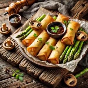 Een rustieke oude houten tafel met goudbruine groenteloempia’s, gevuld met shii-take en aspergetips. De loempia’s liggen netjes op een bord, waarvan enkele zijn opengesneden om de vulling te tonen. Ernaast staat een kommetje dipsaus en verse kruiden als garnering.
