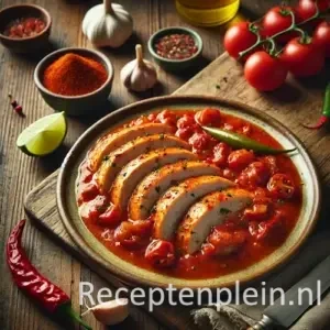 Natuurlijk ogende foodfoto van Mexicaanse kipfilet in een pikante tomaat-chilisaus met paprika en ui, geserveerd op een keramisch bord op een warm bruine houten tafel met duidelijke houtstructuur, omringd door rode pepers, limoen, knoflook, paprikapoeder en cherrytomaten in zacht diffuus daglicht.