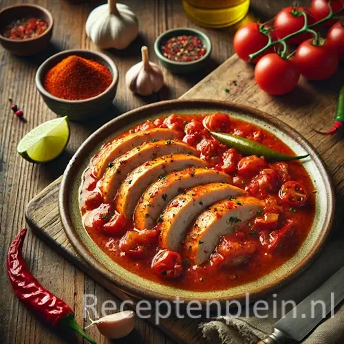Natuurlijk ogende foodfoto van Mexicaanse kipfilet in een pikante tomaat-chilisaus met paprika en ui, geserveerd op een keramisch bord op een warm bruine houten tafel met duidelijke houtstructuur, omringd door rode pepers, limoen, knoflook, paprikapoeder en cherrytomaten in zacht diffuus daglicht.