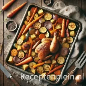 Op de bakplaat geroosterde kip met groenten op rustieke houten tafel 🍗🥕