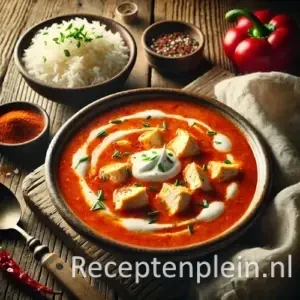 Paprikasoep met kipfilet en bieslookrijst op rustieke houten tafel