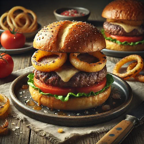 Gegrilde Runderhamburgers met Geroosterde Ui en Verse Tomaat op rustieke houten tafel