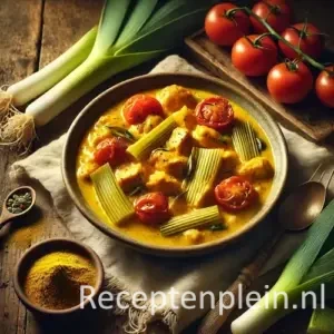 Hyperrealistische foodfoto van prei met tomaat en kerriekip in een ondiepe keramische schaal op een rustieke houten tafel, licht uitgezoomd zodat de tafel goed zichtbaar is. In de schaal liggen stukjes kip in romige goudgele kerriesaus met zachte preistukken en gehalveerde tomaten. Rondom liggen verse preien, tomaten, een schaaltje kerriepoeder, een linnen doek en een houten lepel in warm natuurlijk namiddaglicht met een huiselijke, ambachtelijke sfeer.