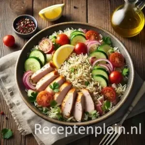 Hyperrealistische foodfoto van Provençaalse kippilaf in een brede keramische schaal op een rustieke houten tafel, licht uitgezoomd zodat de tafel duidelijk zichtbaar is. De pilaf bevat luchtige rijst met goudbruin gebakken kip, geroosterde cherrytomaten, courgette, paprika en groene olijven, afgewerkt met verse tijm. Op tafel staan schaaltjes met olijven en kruiden, een linnen doek en bestek in warm mediterraan daglicht met een zonnige, huiselijke sfeer.