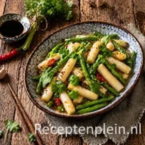 Roergebakken asperges met haricots verts op rustieke houten tafel