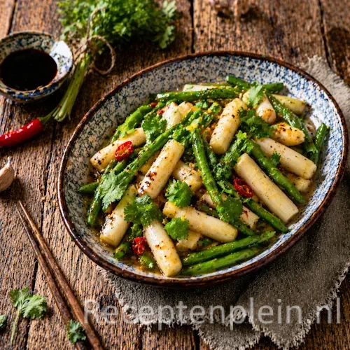 Roergebakken asperges met haricots verts op rustieke houten tafel