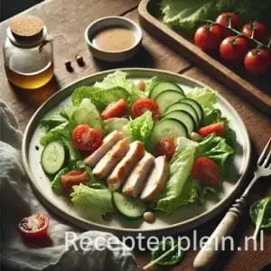 Natuurgetrouwe foodfoto in thuiskeukenstijl van een salade met plakjes kipfilet op een eenvoudig wit bord op een rustieke houten tafel, licht uitgezoomd zodat de tafel zichtbaar is. De salade bestaat uit gemengde sla, grof gesneden komkommer en gehalveerde cherrytomaten met ongelijk gesneden kipfilet bovenop en een lichte huisgemaakte dressing met enkele druppels op het bord. Gefotografeerd in zacht diffuus daglicht met minimale styling, een vork en een gekreukte keukendoek op tafel voor een realistische, huiselijke sfeer.
