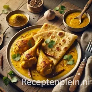 Hyperrealistische foodfoto van roti met kippenboutjes op een rustieke houten tafel, licht uitgezoomd zodat de tafel goed zichtbaar is. Op een groot keramisch bord liggen gevouwen roti en goudbruin gebakken kippenboutjes in rijke gele kerriesaus die licht over het bord uitvloeit. Gegarneerd met verse koriander en rode peper. Op tafel staan een schaaltje extra saus, specerijen, een linnen doek en bestek in warm natuurlijk licht met een huiselijke, ambachtelijke sfeer.