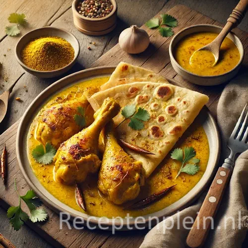 Hyperrealistische foodfoto van roti met kippenboutjes op een rustieke houten tafel, licht uitgezoomd zodat de tafel goed zichtbaar is. Op een groot keramisch bord liggen gevouwen roti en goudbruin gebakken kippenboutjes in rijke gele kerriesaus die licht over het bord uitvloeit. Gegarneerd met verse koriander en rode peper. Op tafel staan een schaaltje extra saus, specerijen, een linnen doek en bestek in warm natuurlijk licht met een huiselijke, ambachtelijke sfeer.