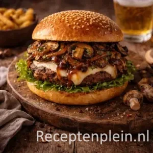 Hyperrealistische foodfoto van een champignonburger met briochebroodje, sappige runderpatty, gesmolten kaas en gebakken champignons op een rustieke houten tafel in warm natuurlijk licht.