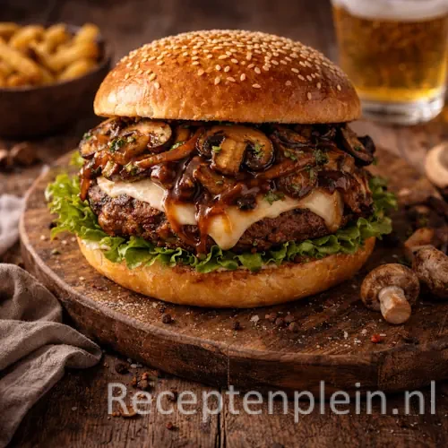 Hyperrealistische foodfoto van een champignonburger met briochebroodje, sappige runderpatty, gesmolten kaas en gebakken champignons op een rustieke houten tafel in warm natuurlijk licht.