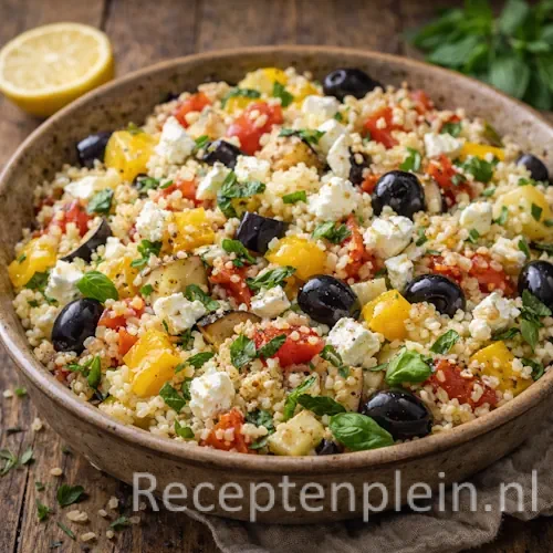 Couscous met groenten en feta op een rustieke houten tafel.