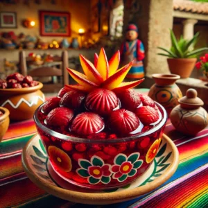 Een kleurrijke Mexicaanse presentatie van rode vruchten op brandewijn, geserveerd in een kleine decoratieve glazen schaal. De vruchten zijn diep van kleur en gegarneerd met een twist van citroenschil. De tafel is versierd met levendige Mexicaanse textiel, kleine aardewerken potjes en een handgeschilderd dienblad. De achtergrond toont een rustieke Mexicaanse keuken met terracottategels en warm natuurlijk licht, wat zorgt voor een uitnodigende en feestelijke sfeer.