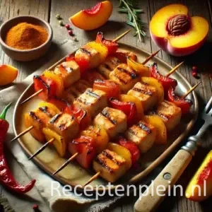 Kip paprika perzikspiesen op rustieke houten tafel