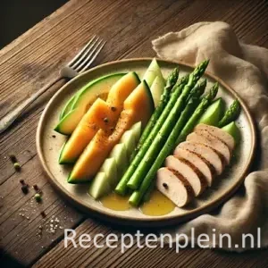 Natuurlijk ogende foodfoto van plakjes meloen met gesneden kipfilet en groene asperges op een keramisch bord, geserveerd op een warm bruine houten tafel met duidelijke houtstructuur, lichte dressing en linnen doek in zacht diffuus daglicht voor een frisse huiselijke uitstraling.