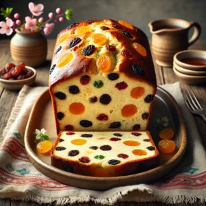 Paasbrood zonder gist met cakemeel, rozijnen en bigarreaux, in plakken gesneden op een gekleurd bord op een rustieke houten tafel met lenteversiering Laat het me weten als ik hier ook de volledige SEO-set bij mag maken! 🍒🥮
