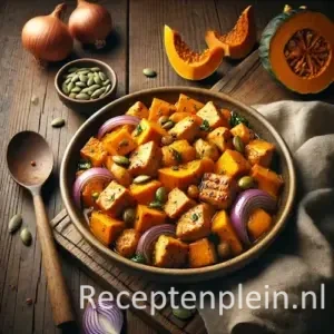 Natuurlijk ogende foodfoto van roergebakken pompoenblokjes met stukjes kip en rode ui in een keramische kom op een warm bruine houten tafel met duidelijke houtstructuur, pompoenpitten en houten lepel in zacht diffuus daglicht voor een huiselijke uitstraling.
