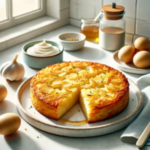 Een eenvoudige Spaanse aardappeltortilla met een goudbruine korst, geserveerd op een bord met een schaaltje knoflookmayonaise in een frisse, lichte moderne keuken. De lichte achtergrond en pastelaccenten maken het gerecht uitnodigend en gemakkelijk om te maken.