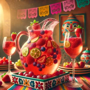 Sangria met rosé, aardbeien en druiven, geserveerd in een kleurrijke karaf en wijnglazen, gegarneerd met vers fruit.