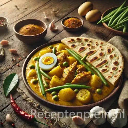 Natuurlijk ogende foodfoto van roti met kerriekip, aardappelen, sperziebonen en een halfgekookt ei, geserveerd met een opgevouwen roti op een warm bruine houten tafel met duidelijke houtstructuur, omringd door knoflook, rode peper, kruiden en schaaltjes specerijen in zacht diffuus daglicht.