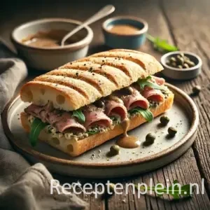 Zeer realistische foodfoto van een sandwich vitello tonnato op een rustieke houten tafel. De sandwich is gemaakt van licht geroosterde ciabatta met een goudbruine korst en luchtige binnenkant, gevuld met dunne plakjes rosé kalfsvlees. Romige tonijn-kapersaus loopt licht uit de zijkant en enkele kappertjes en rucolablaadjes steken uit het brood. De sandwich is diagonaal doorgesneden en ligt op een licht verweerd keramieken bord met broodkruimels en kleine sausdruppels zichtbaar. Op de achtergrond staan een schaaltje extra tonijnsaus, een lepel en een gekreukelde linnen doek in zacht namiddaglicht.