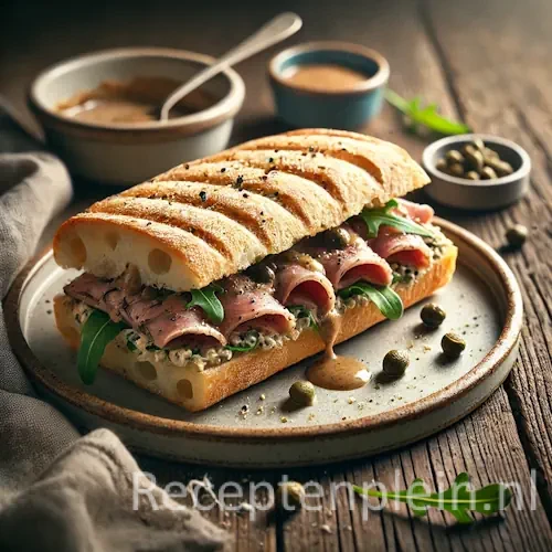 Zeer realistische foodfoto van een sandwich vitello tonnato op een rustieke houten tafel. De sandwich is gemaakt van licht geroosterde ciabatta met een goudbruine korst en luchtige binnenkant, gevuld met dunne plakjes rosé kalfsvlees. Romige tonijn-kapersaus loopt licht uit de zijkant en enkele kappertjes en rucolablaadjes steken uit het brood. De sandwich is diagonaal doorgesneden en ligt op een licht verweerd keramieken bord met broodkruimels en kleine sausdruppels zichtbaar. Op de achtergrond staan een schaaltje extra tonijnsaus, een lepel en een gekreukelde linnen doek in zacht namiddaglicht.
