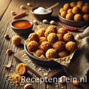 Zeer realistische foodfoto van seroendeng borrelballetjes in een donkere keramieken schaal met bakpapier op een rustieke houten tafel. De goudbruine, onregelmatige gehaktballetjes zijn royaal bedekt met krokante geroosterde kokos, pinda’s en specerijen. Enkele balletjes liggen los op tafel met kruimels en kokosvlokken eromheen. Op de achtergrond staat een schaaltje zoete chilisaus met lichte sausdruppels langs de rand, samen met losse pinda’s en een gekreukelde linnen doek in warm avondlicht.
