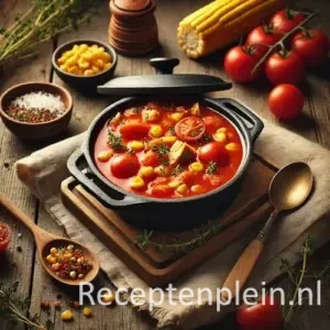 Hyperrealistische foodfoto van tomaten kippensoep met maïs in een kleine gietijzeren pan op een rustieke houten tafel, licht uitgezoomd zodat de tafel duidelijk zichtbaar is. De soep is dieprood met stukjes kip, gele maïskorrels en verse kruiden. Rondom liggen cherrytomaten, een maïskolf, een houten lepel, een schaaltje zout en een beige linnen doek in warm natuurlijk licht met een gezellige, rustieke sfeer.