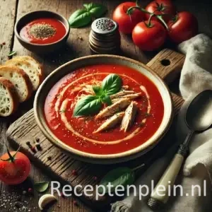 Hyperrealistische foodfoto van tomatensoep met stukjes kip in een brede keramische kom op een rustieke houten tafel, licht uitgezoomd zodat de tafel duidelijk zichtbaar is. De soep is diep rood met gescheurde kip, een subtiele roomcirkel, verse basilicumblaadjes en zwarte peper. Rondom liggen sneetjes rustiek brood, verse tomaten, een linnen servet en een metalen lepel in warm natuurlijk daglicht met een sfeervolle, ambachtelijke uitstraling.
