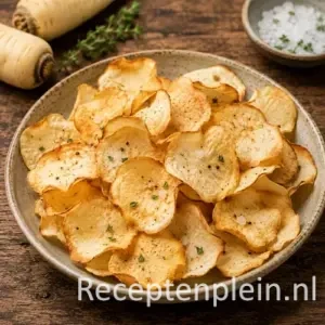 Chips van Pastinaak op een rustieke houten tafel