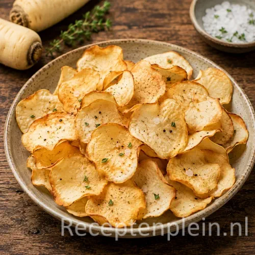 Chips van Pastinaak op een rustieke houten tafel
