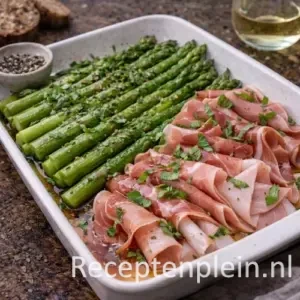 Groene asperges met prosciutto en marinade op een rustieke houten tafel.