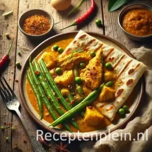 Hyperrealistische foodfoto van roti met kerriekip en sperziebonen op een rustieke houten tafel, licht uitgezoomd zodat de tafel duidelijk zichtbaar is. Op een keramisch bord ligt gevouwen roti met goudgele kerriekip in rijke saus, hele sperziebonen en gekruide aardappelen. Rondom staan een schaaltje sambal, rode pepers, een linnen doek en bestek in warm natuurlijk daglicht met een levendige, ambachtelijke uitstraling.