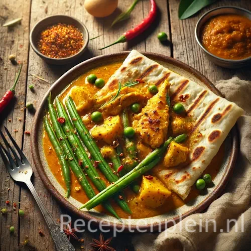 Hyperrealistische foodfoto van roti met kerriekip en sperziebonen op een rustieke houten tafel, licht uitgezoomd zodat de tafel duidelijk zichtbaar is. Op een keramisch bord ligt gevouwen roti met goudgele kerriekip in rijke saus, hele sperziebonen en gekruide aardappelen. Rondom staan een schaaltje sambal, rode pepers, een linnen doek en bestek in warm natuurlijk daglicht met een levendige, ambachtelijke uitstraling.