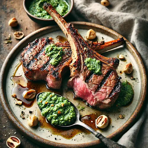 lamskoteletjes barbecue marinade met munt pesto op rustieke houten tafel