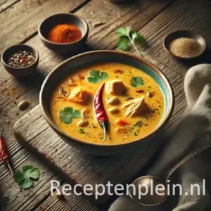 Zeer realistische foodfoto van Indiase kokos kippensoep met korma kerriesmaak in een diepe keramieken kom op een rustieke houten tafel. De romige lichtoranje bouillon bevat malse stukken kip, fijne wortelreepjes en zichtbare specerijen met kleine oliedruppels aan de oppervlakte. Verse koriander en een rode chilipeper drijven in de soep. Er is een lichte druppel langs de rand van de kom zichtbaar. Op tafel liggen een metalen lepel, een schaaltje kormakruiden, wat gemorste specerijen en een gekreukelde linnen doek in warm natuurlijk daglicht.
