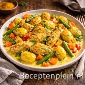 Een romige kerrieschotel met malse stukjes kip in een zachte, goudgele saus, geserveerd met krokant gebakken krieltjes en een kleurrijke mix van groenten zoals wortel en sperziebonen. Licht kruidig, vol van smaak en perfect als verwarmende maaltijd.