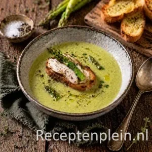 Romige Aspergesoep met Kip en Knoflookcrostini op rustieke houten tafel