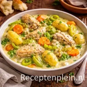 Een rijkgevulde romige groentesoep met zachte spinazie-tortelloni en malse stukjes kip. De soep is op smaak gebracht met wortel, selder en verse kruiden voor een volle maar frisse smaak. Perfect als stevige lunch of als verwarmend hoofdgerecht op een koude dag.