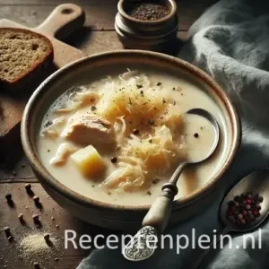 Zeer realistische foodfoto van romige zuurkoolsoep met kip in een licht verweerde stenen kom op een rustieke houten tafel. De bleekbeige, romige bouillon bevat zichtbare slierten zuurkool, blokjes aardappel en malse stukken kip. Zwarte peper en karwijzaad zijn losjes over de soep gestrooid en er is een lichte roomwerveling zichtbaar. Een lepel rust deels in de kom met een kleine druppel langs de rand. Op tafel liggen enkele gemorste karwijzaadjes, een snee roggebrood op een houten plank en een gekreukelde linnen doek in zacht winterdaglicht.