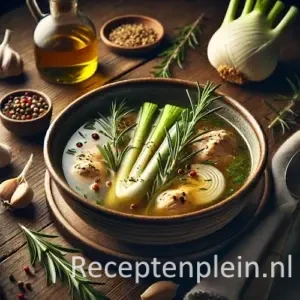 Natuurlijk ogende foodfoto van rozemarijnbouillon met stukjes kip en venkel in een diepe keramische kom op een warm bruine houten tafel met duidelijke houtstructuur, omringd door verse rozemarijn, een venkelknol, knoflook, peperkorrels en een flesje olijfolie in zacht diffuus daglicht.